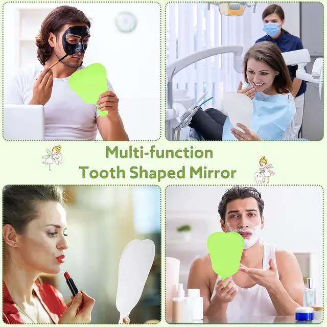 Alt view image 5 of 5 - Jetec 2 Pieces Tooth Shaped Handheld Mirror Cute Makeup Mirror Hand Held Plastic Dental Mirrors with Handle Cosmetic Hand Mirror Back to School for Women Men Gifts(Green, White)