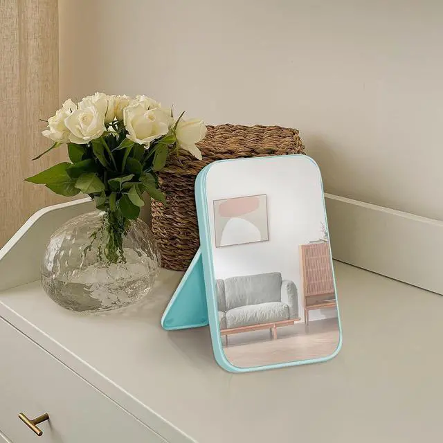 Alt view image 3 of 7 - 2Pcs Table Desk Vanity 8-Inch Makeup Mirror, Simple Portable Travel Mirror with Stand, Standing and Wall Hanging Dual-use Blue