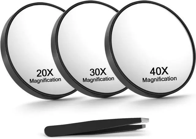 Main image of Macaki 20x30x40x Magnifying Mirror Set, with Suction Cups, 3.5 in, Black | Small Magnified Mirror, Strong Suction Cups, Compact & Portable, for Blackhead Removal, Eyeliner, Brow Shaping, Contacts