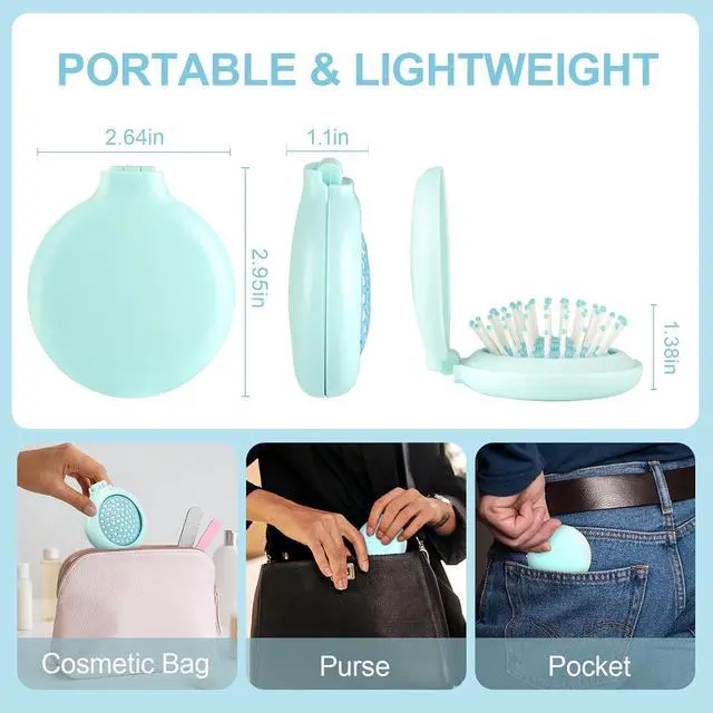 Alt view image 2 of 7 - Folding Hair Brush with Mirror for Women Men and KidsPortable Compact Hair Brush for Purse Pocket Bags, Travel Size Foldable brush with Case, Easy to Carry(Blue)