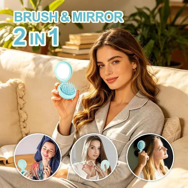 Alt view image 3 of 7 - Folding Hair Brush with Mirror for Women Men and KidsPortable Compact Hair Brush for Purse Pocket Bags, Travel Size Foldable brush with Case, Easy to Carry(Blue)