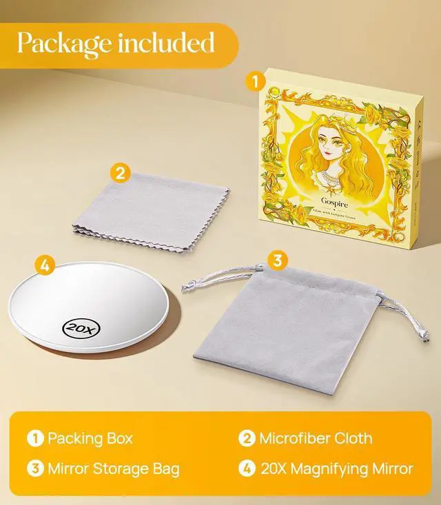 Alt view image 7 of 7 - Gospire 20X Magnifying Mirror with Magnetic, 3.5 Inch, White | Round Use for Makeup Application, with Storage Bag, Compact & Portable Magnified Cosmetic for Trave