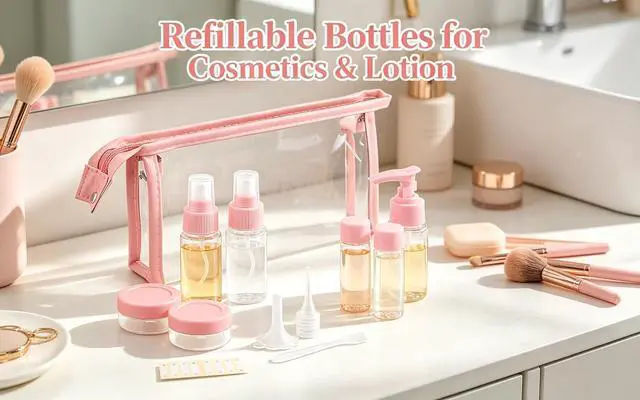 Alt view image 2 of 7 - Travel Bottles Kit,11pcs TSA Approved Leak Proof Toiletry Container | PET plastic, leak-proof, TSA size, 40ml bottles, sprayers, jars, bag included, for lotion, shampoo, travel, gym