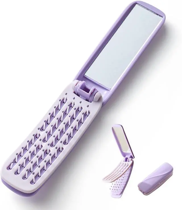 Main image of Travel Hair Brush with Mirror, Foldable Mini Hair Brush for Women, Self Cleaning Design, Portable Pocket Hairbrush for Women, Purple & Pink (Purple)