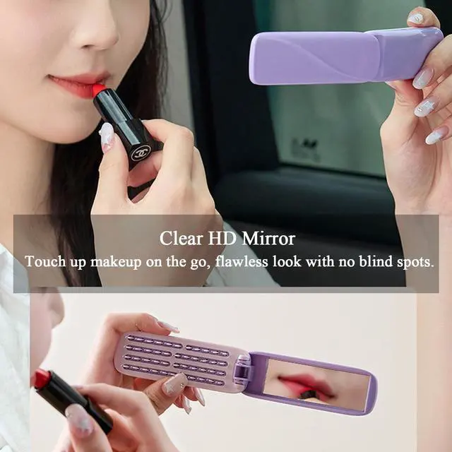 Alt view image 3 of 7 - Travel Hair Brush with Mirror, Foldable Mini Hair Brush for Women, Self Cleaning Design, Portable Pocket Hairbrush for Women, Purple & Pink (Purple)