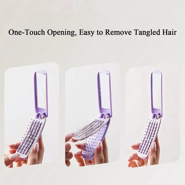 Alt view image 5 of 7 - Travel Hair Brush with Mirror, Foldable Mini Hair Brush for Women, Self Cleaning Design, Portable Pocket Hairbrush for Women, Purple & Pink (Purple)
