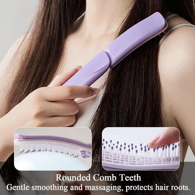 Alt view image 6 of 7 - Travel Hair Brush with Mirror, Foldable Mini Hair Brush for Women, Self Cleaning Design, Portable Pocket Hairbrush for Women, Purple & Pink (Purple)