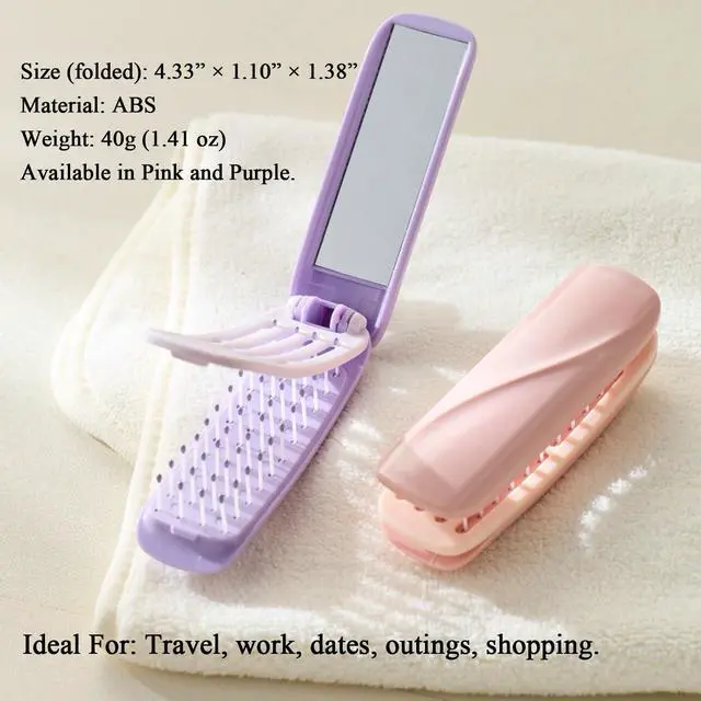 Alt view image 7 of 7 - Travel Hair Brush with Mirror, Foldable Mini Hair Brush for Women, Self Cleaning Design, Portable Pocket Hairbrush for Women, Purple & Pink (Purple)