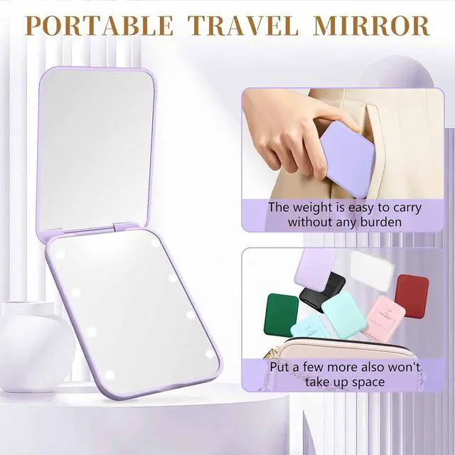 Alt view image 5 of 7 - Compact Mirror with Light, 1X/3X Magnification LED Pocket Mirror for Women | Portable, Travel, Purse, Pocket, Gift, purole, mini, small, essentials, led, fiberglass, batteries, rectangular