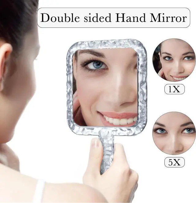Alt view image 2 of 7 - YEAKE Hand Mirror,Double-Sided Handheld 1X/5X Magnifying Mirror with Handle for Makeup, Shaving Mirror with Hole Hanging,Acrylic, 6.1" W x 10" L, Square Shape, Transparent 1 PC