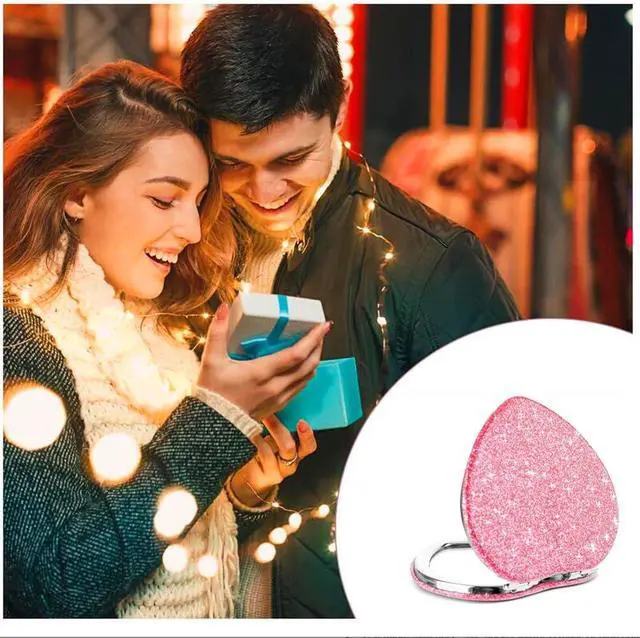 Alt view image 4 of 7 - Cute Heart Shaped Compact Mirror for Women,Magnifying Travel Mirror with Glitter,Pink Small Pocket Mirror,Portable 2 x 1x Magnification Folding Makeup Mirror,Cosmetic Mirror for Gift
