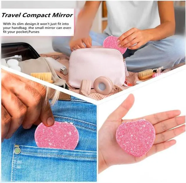 Alt view image 3 of 7 - Cute Heart Shaped Compact Mirror for Women,Magnifying Travel Mirror with Glitter,Pink Small Pocket Mirror,Portable 2 x 1x Magnification Folding Makeup Mirror,Cosmetic Mirror for Gift