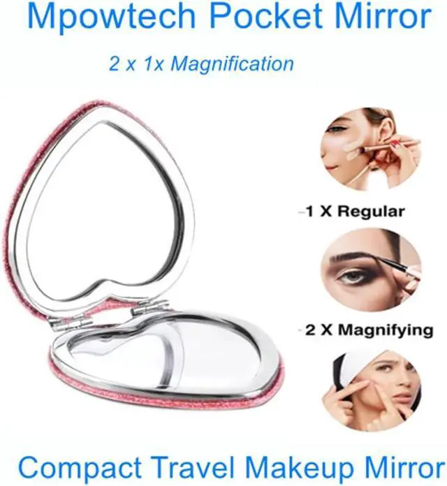 Alt view image 5 of 7 - Cute Heart Shaped Compact Mirror for Women,Magnifying Travel Mirror with Glitter,Pink Small Pocket Mirror,Portable 2 x 1x Magnification Folding Makeup Mirror,Cosmetic Mirror for Gift