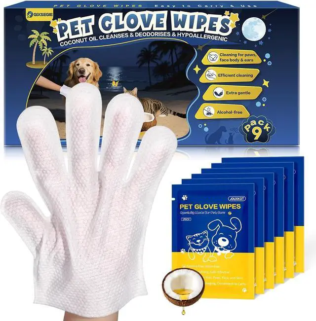 Main image of 9 Pcs Pet Glove Wipes for Dogs and Cats, Deodorizing, Individually Wrapped | Cleaning Gloves, Hypoallergenic Coconut Oil Grooming Wipes, for Pet Dry Cleaning, Daily Care, and Travel