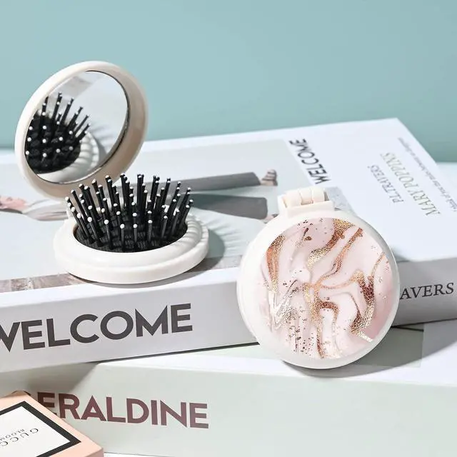 Alt view image 2 of 7 - Mini hairbrush, pocket hairbrush with mirror, portable for purse/pocket, travel size (2 Piece Marble 1)
