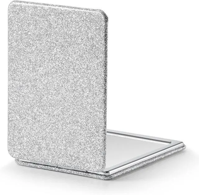 Main image of OMIRO Compact Mirror with 3x/1x Magnification, 3.4" Pocket Mirror | Travel Mirror, Pocket Mirror for WomenMen, Silver, Glitter PU Leather, Rectangular