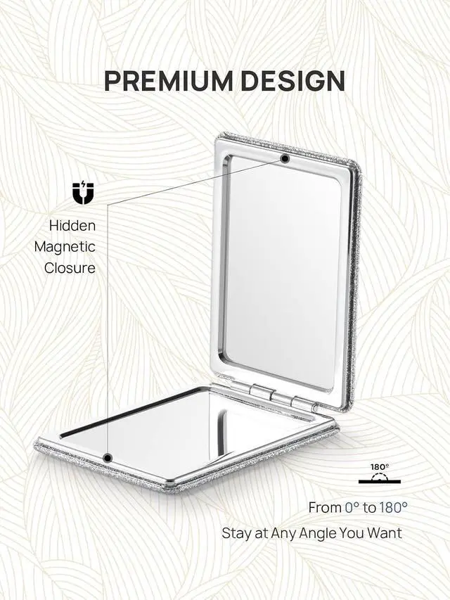 Alt view image 6 of 7 - OMIRO Compact Mirror with 3x/1x Magnification, 3.4" Pocket Mirror | Travel Mirror, Pocket Mirror for WomenMen, Silver, Glitter PU Leather, Rectangular
