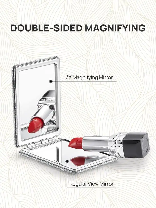 Alt view image 7 of 7 - OMIRO Compact Mirror with 3x/1x Magnification, 3.4" Pocket Mirror | Travel Mirror, Pocket Mirror for WomenMen, Silver, Glitter PU Leather, Rectangular