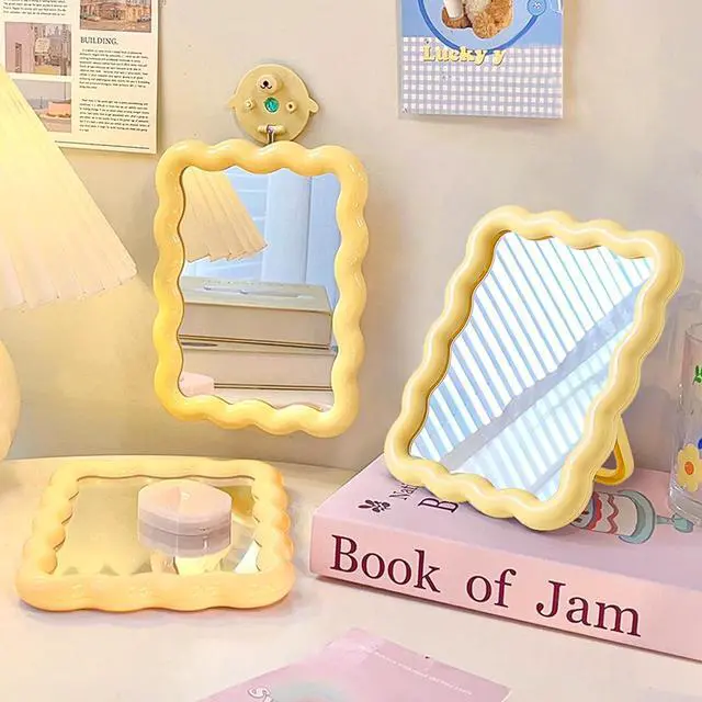 Alt view image 3 of 6 - Wave Table Desk Vanity Makeup Mirror Small Make Up Office Mirror Yellow | Desk Decor,Cute Mirror,Cute Desk Accessories,Mini Mirror,for Standing Hanging,6.7X5.3Inch,Home Decor