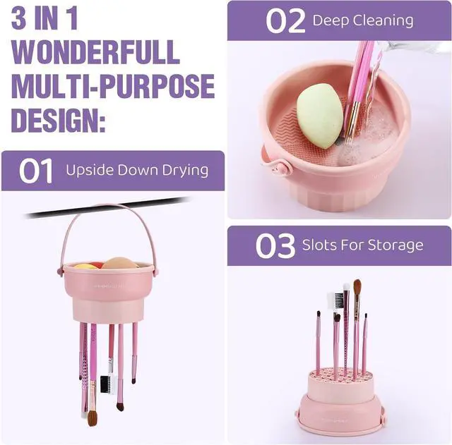 Alt view image 2 of 6 - 3 in 1 Silicone Makeup Brush Cleaner Bowl Makeup Brush Cleaner Mat (Purple) | Make up Brush Cleaner Tool for Cleaning, Organizer and Air Drying