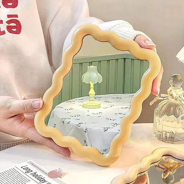 Alt view image 4 of 6 - Wave Table Desk Vanity Makeup Mirror Small Make Up Office Mirror Yellow | Desk Decor,Cute Mirror,Cute Desk Accessories,Mini Mirror,for Standing Hanging,6.7X5.3Inch,Home Decor