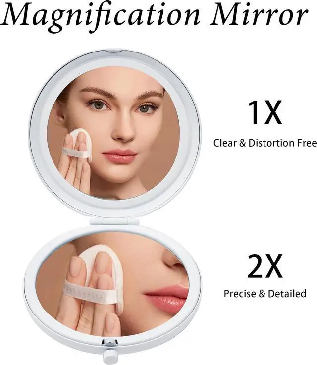 Alt view image 4 of 7 - Compact Mirror, Pocket Travel Makeup Mirror for Purse, Metal Round Shell, 2-Sided 1X/2X Magnifying, Portable, Folding, Handheld, White,2 Pack