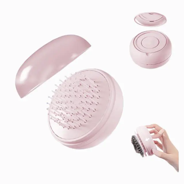 Main image of Self Cleaning Hair Brush, Mini Travel Brush with Mirror (Pink) | Portable Purse Brush for All Hair Types, Painless Scalp Massager for Women Men Kids