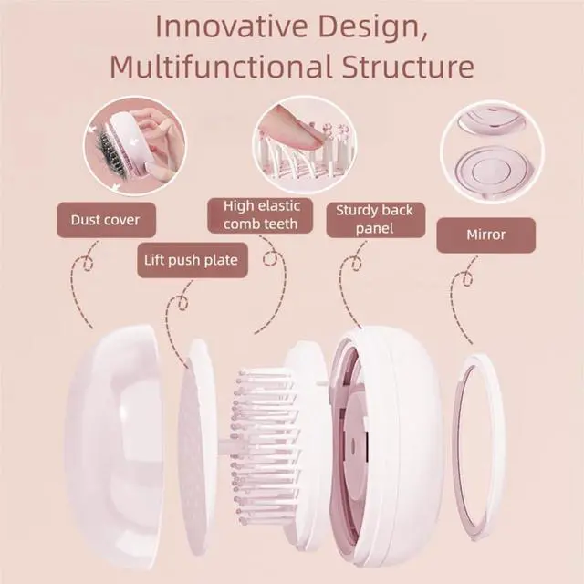 Alt view image 2 of 6 - Self Cleaning Hair Brush, Mini Travel Brush with Mirror (Pink) | Portable Purse Brush for All Hair Types, Painless Scalp Massager for Women Men Kids