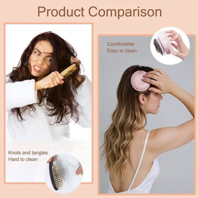 Alt view image 4 of 6 - Self Cleaning Hair Brush, Mini Travel Brush with Mirror (Pink) | Portable Purse Brush for All Hair Types, Painless Scalp Massager for Women Men Kids