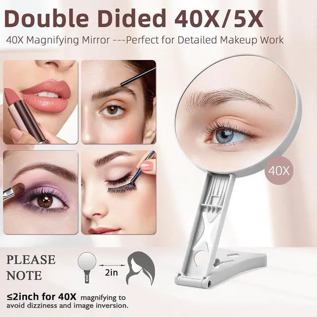 Alt view image 2 of 7 - Magnifying Mirror 40X/5X Double Sided Hand Mirror, Precision Makeup at 40X Magnification & Overall View at 5XTravel Handheld Magnified Makeup Mirror with Handle & Table Stand, Vanity Cosmetic Mirror