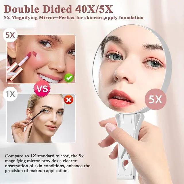 Alt view image 3 of 7 - Magnifying Mirror 40X/5X Double Sided Hand Mirror, Precision Makeup at 40X Magnification & Overall View at 5XTravel Handheld Magnified Makeup Mirror with Handle & Table Stand, Vanity Cosmetic Mirror