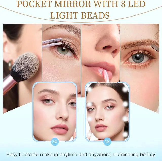 Alt view image 2 of 7 - Compact Mirror with Light, 1X/3X Magnification LED Pocket Mirror for Women | Portable, Travel, Purse, Pocket, Gift, blue, mini, small, essentials, led, fiberglass, batteries, rectangular