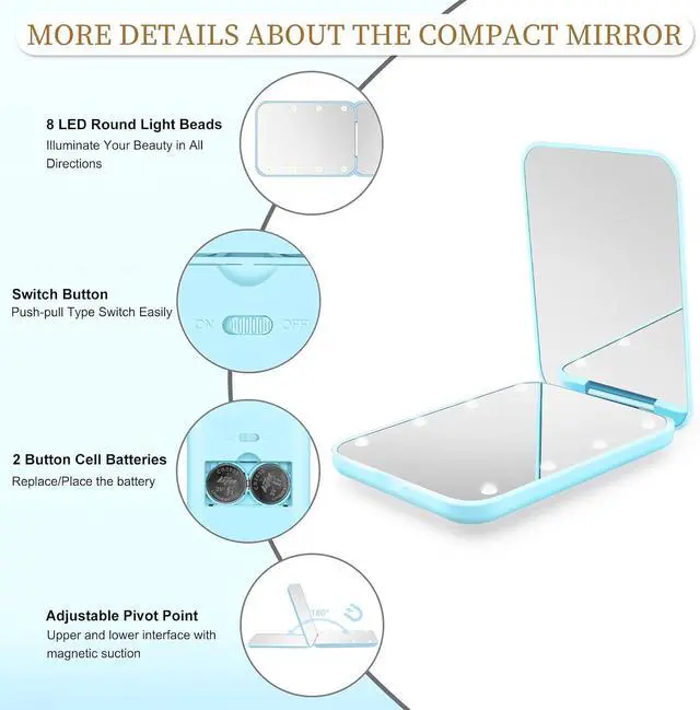 Alt view image 3 of 7 - Compact Mirror with Light, 1X/3X Magnification LED Pocket Mirror for Women | Portable, Travel, Purse, Pocket, Gift, blue, mini, small, essentials, led, fiberglass, batteries, rectangular
