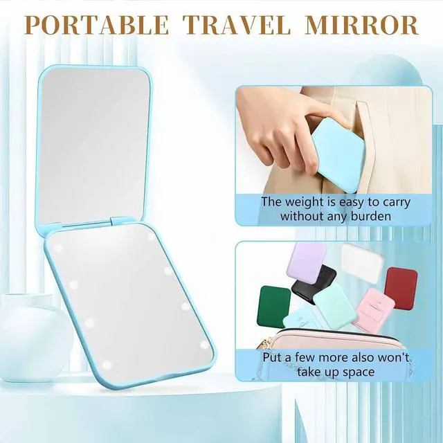 Alt view image 5 of 7 - Compact Mirror with Light, 1X/3X Magnification LED Pocket Mirror for Women | Portable, Travel, Purse, Pocket, Gift, blue, mini, small, essentials, led, fiberglass, batteries, rectangular