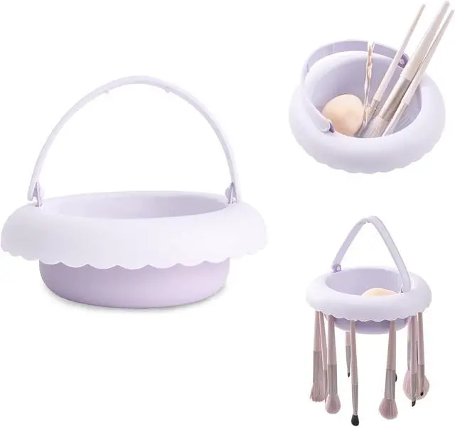 Main image of Makeup Brush Cleaner Mat with Handle, 3 in 1 Portable Silicone Makeup Brush Cleaner Bowl, Cosmetic Brushes Cleaning Tool Organizer for Storage and Air Drying, Purple