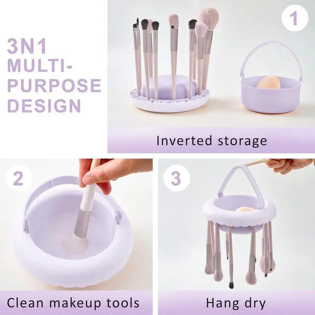 Alt view image 2 of 7 - Makeup Brush Cleaner Mat with Handle, 3 in 1 Portable Silicone Makeup Brush Cleaner Bowl, Cosmetic Brushes Cleaning Tool Organizer for Storage and Air Drying, Purple