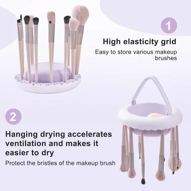 Alt view image 4 of 7 - Makeup Brush Cleaner Mat with Handle, 3 in 1 Portable Silicone Makeup Brush Cleaner Bowl, Cosmetic Brushes Cleaning Tool Organizer for Storage and Air Drying, Purple