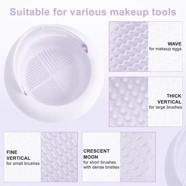 Alt view image 5 of 7 - Makeup Brush Cleaner Mat with Handle, 3 in 1 Portable Silicone Makeup Brush Cleaner Bowl, Cosmetic Brushes Cleaning Tool Organizer for Storage and Air Drying, Purple