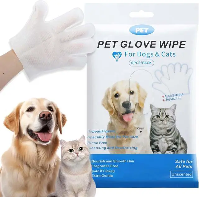 Main image of Disposable Pet Grooming Gloves, Waterless No Rinse Bathing Mitts, Deodorizing Fur Cleaning Glove Wipes for Dogs, Cats, Puppies & Kittens, Home & Travel Use, 6 Pack