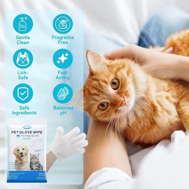 Alt view image 2 of 7 - Disposable Pet Grooming Gloves, Waterless No Rinse Bathing Mitts, Deodorizing Fur Cleaning Glove Wipes for Dogs, Cats, Puppies & Kittens, Home & Travel Use, 6 Pack