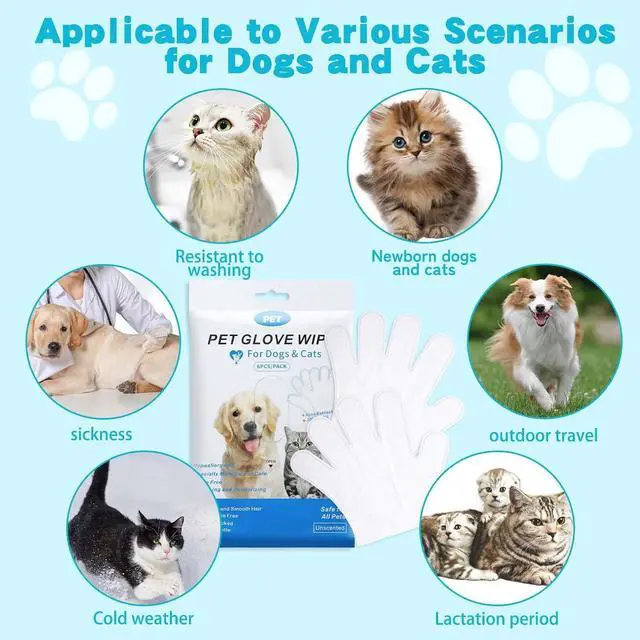 Alt view image 7 of 7 - Disposable Pet Grooming Gloves, Waterless No Rinse Bathing Mitts, Deodorizing Fur Cleaning Glove Wipes for Dogs, Cats, Puppies & Kittens, Home & Travel Use, 6 Pack