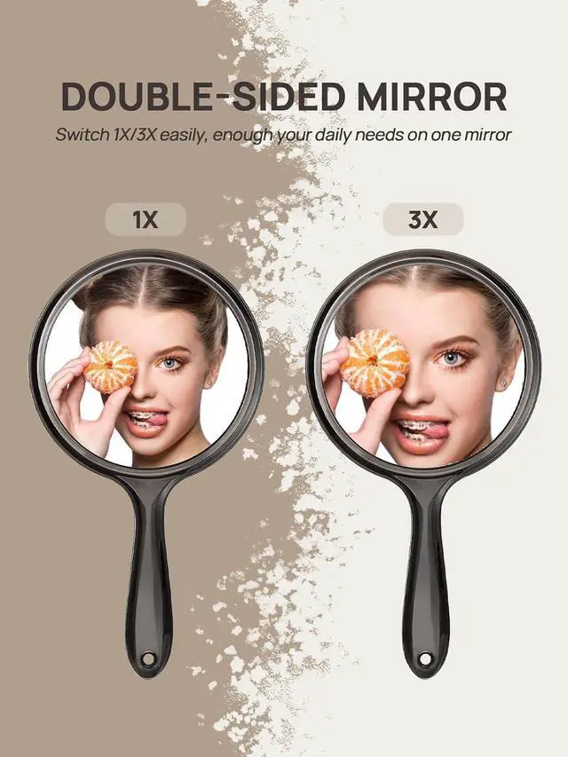 Alt view image 3 of 7 - OMIRO Double-Sided 1X/3X Magnifying Hand Mirror, 3-Pack, Transparent Black | 8.2" L x 4.4" W Handheld Mirror with Handle, Hand Mirror for Men Women, Hangable, for Makeup, Lightweight and Portable