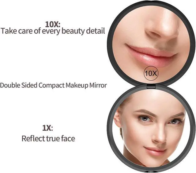 Alt view image 2 of 7 - Gospire 4" Ultra-Thin Pocket 1X/10X Makeup Mirror for Travel | Double Sided Magnifying, Suitable for Portable Compact Handbag, Handheld Round Foldable Cosmetic Mirror for Women (Black)