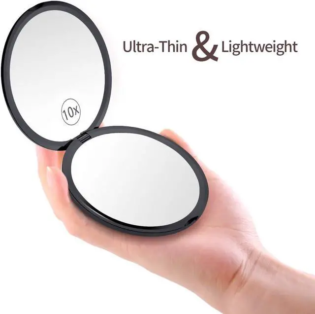 Alt view image 3 of 7 - Gospire 4" Ultra-Thin Pocket 1X/10X Makeup Mirror for Travel | Double Sided Magnifying, Suitable for Portable Compact Handbag, Handheld Round Foldable Cosmetic Mirror for Women (Black)