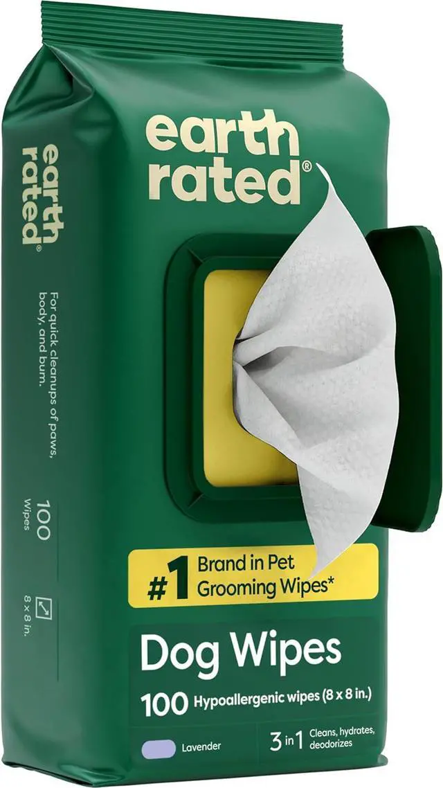 Main image of Earth Rated Dog Wipes for Paws & Butt, Deodorizing, Lavender, 100ct | Hypoallergenic, 3-in-1 Cleaning and Hydrating, for Grooming Paws, Body and Butt