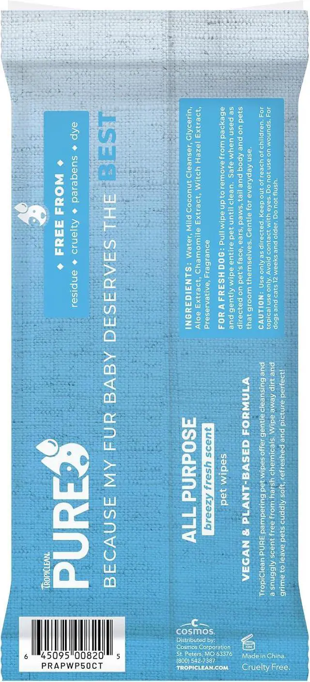 Alt view image 2 of 7 - TropiClean Pure All Purpose Dog Wipes, Breezy Fresh Scent, 50ct