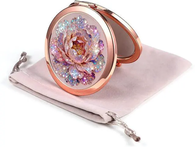 Main image of Compact Mirror Rose Gold Makeup Mirror Folding Mini Pocket Mirror Portable Hand Mirror Double-Sided 2 x 1x Magnification for Woman Girls (A-Glitter Rose)