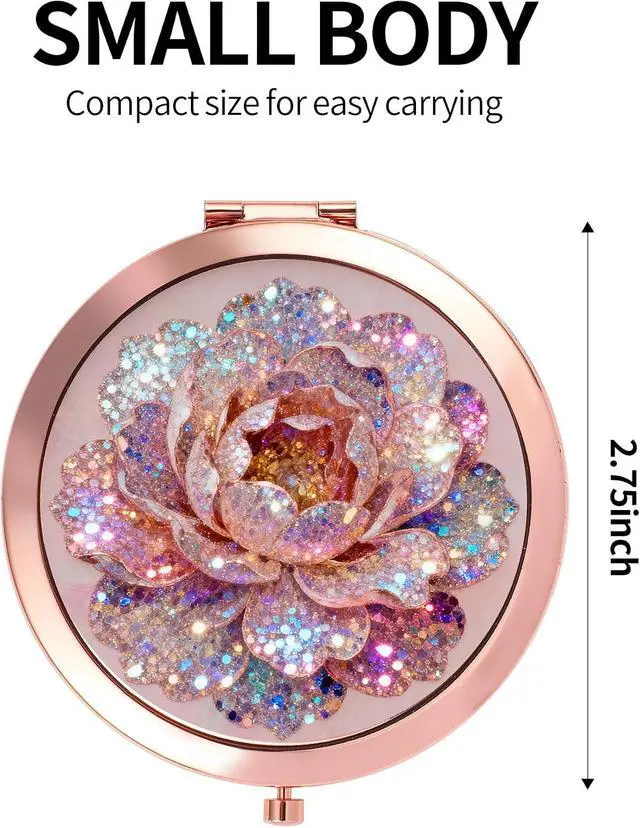 Alt view image 2 of 5 - Compact Mirror Rose Gold Makeup Mirror Folding Mini Pocket Mirror Portable Hand Mirror Double-Sided 2 x 1x Magnification for Woman Girls (A-Glitter Rose)
