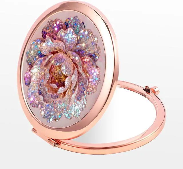 Alt view image 3 of 5 - Compact Mirror Rose Gold Makeup Mirror Folding Mini Pocket Mirror Portable Hand Mirror Double-Sided 2 x 1x Magnification for Woman Girls (A-Glitter Rose)