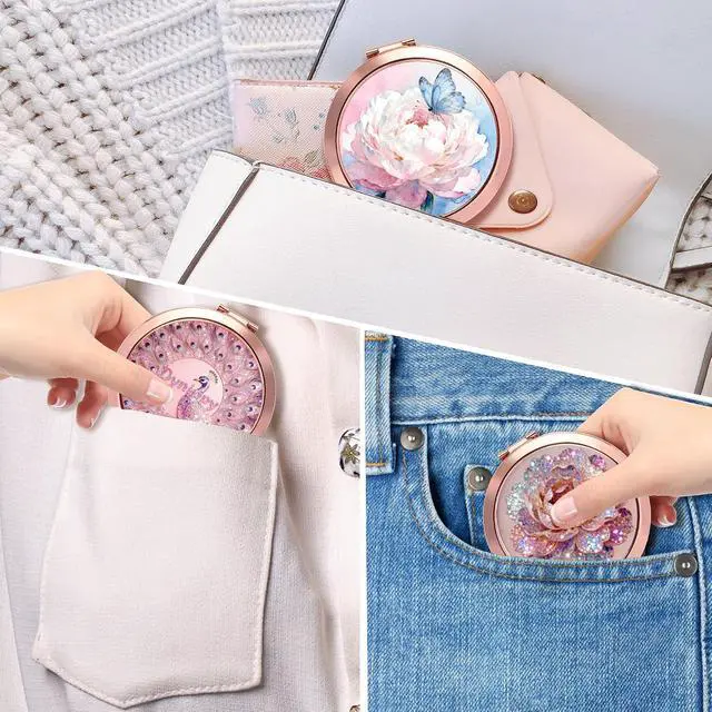 Alt view image 5 of 5 - Compact Mirror Rose Gold Makeup Mirror Folding Mini Pocket Mirror Portable Hand Mirror Double-Sided 2 x 1x Magnification for Woman Girls (A-Glitter Rose)